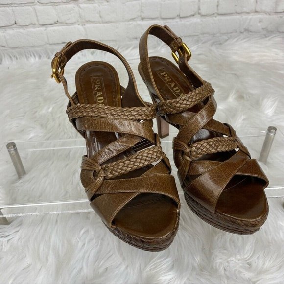 Prada Women's Brown Designer Braided Leather Strappy Luxury Heels IT 37.5 / US 7 - Picture 7 of 17